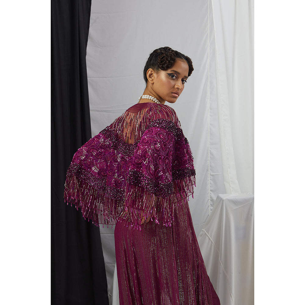 Nirmooha Ruby Hand Embroidered Lurex Front Slit Anarkali with Pants and Cape (Set of 3)