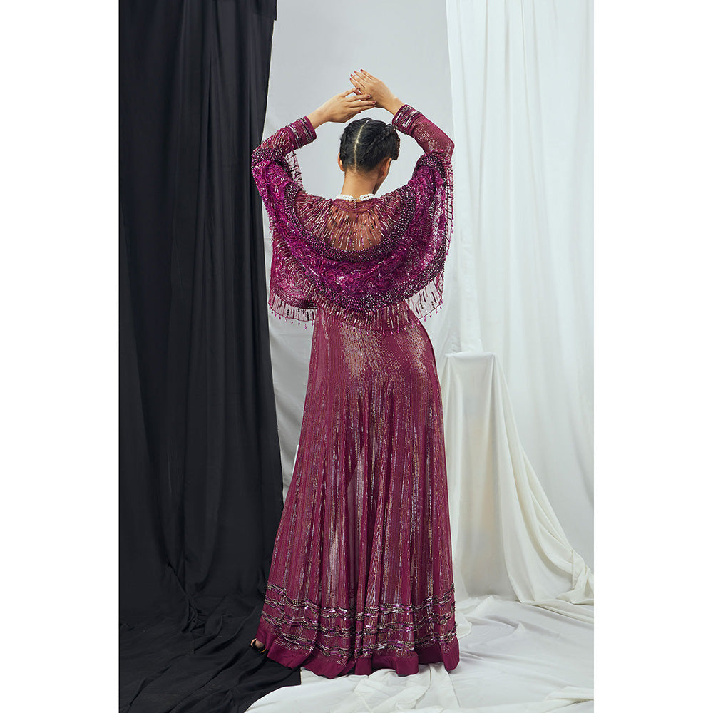 Nirmooha Ruby Hand Embroidered Lurex Front Slit Anarkali with Pants and Cape (Set of 3)