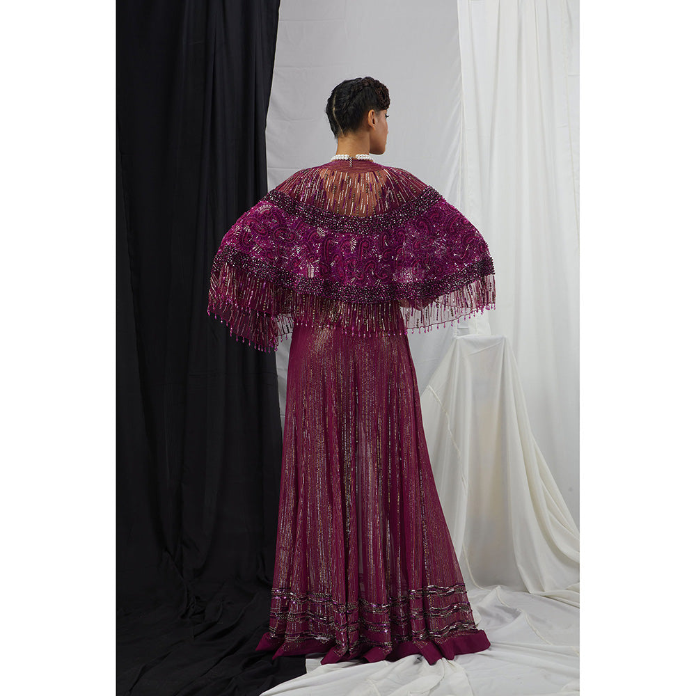 Nirmooha Ruby Hand Embroidered Lurex Front Slit Anarkali with Pants and Cape (Set of 3)