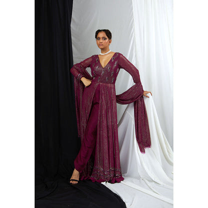 Nirmooha Ruby Hand Embroidered Lurex Front Slit Anarkali with Pants and Dupatta (Set of 3)