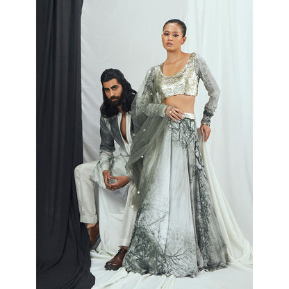 Nirmooha Embellished and Printed Stitched Blouse with Lehenga & Dupatta (Set of 3)