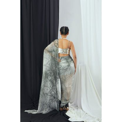 Nirmooha Pre-Draped Forest Printed Saree with Embellished Stitched Blouse