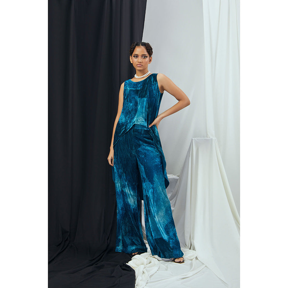 Nirmooha Jade Blue Blotch Printed Asymmetrical Velvet Tunic with Palazzo (Set of 2)