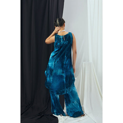 Nirmooha Jade Blue Blotch Printed Asymmetrical Velvet Tunic with Palazzo (Set of 2)