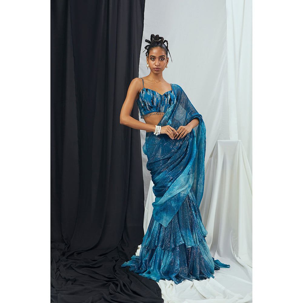 Nirmooha Pre-Draped Jade Blue Printed Saree with Embellished Stitched Blouse