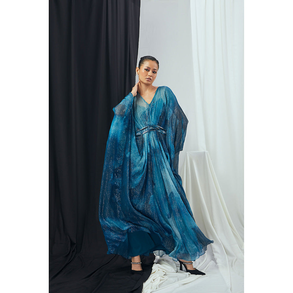 Nirmooha Jade Blue Printed and Embellished Lurex Kaftan Dress with Slip (Set of 2)