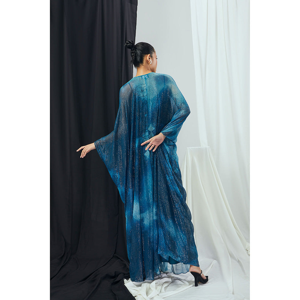 Nirmooha Jade Blue Printed and Embellished Lurex Kaftan Dress with Slip (Set of 2)