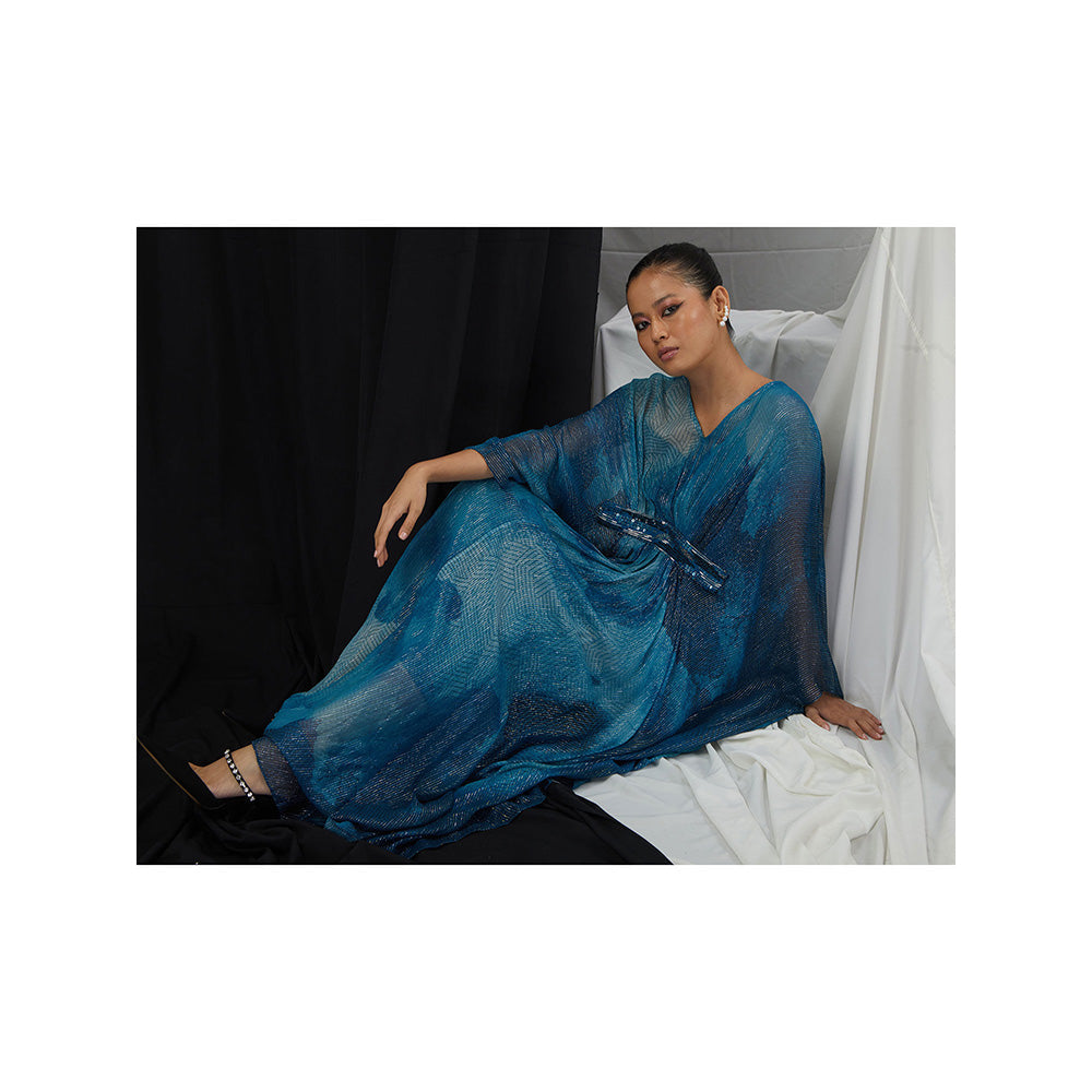 Nirmooha Jade Blue Printed and Embellished Lurex Kaftan Dress with Slip (Set of 2)