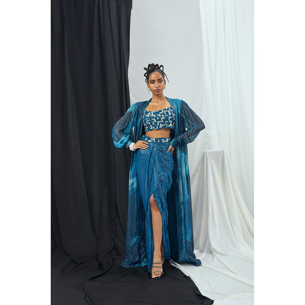 Nirmooha Jade Blue Embroidered Bralette with Draped Dhoti Skirt and Printed Cape (Set of 3)