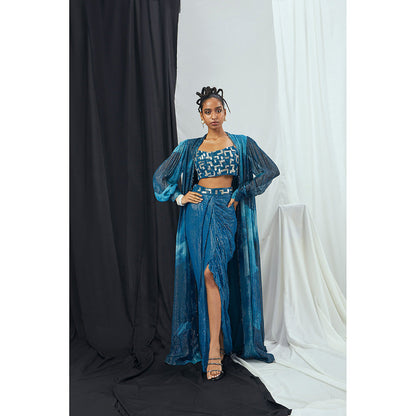 Nirmooha Jade Blue Embroidered Bralette with Draped Dhoti Skirt and Printed Cape (Set of 3)