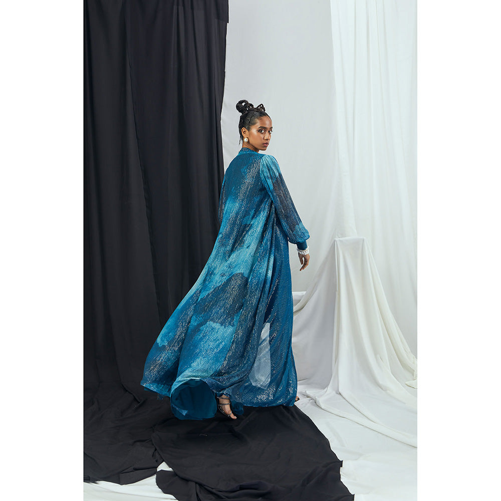 Nirmooha Jade Blue Embroidered Bralette with Draped Dhoti Skirt and Printed Cape (Set of 3)