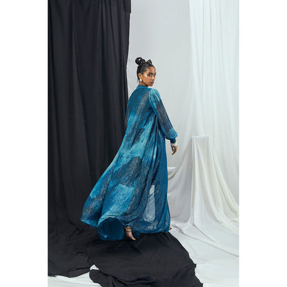 Nirmooha Jade Blue Embroidered Bralette with Draped Dhoti Skirt and Printed Cape (Set of 3)
