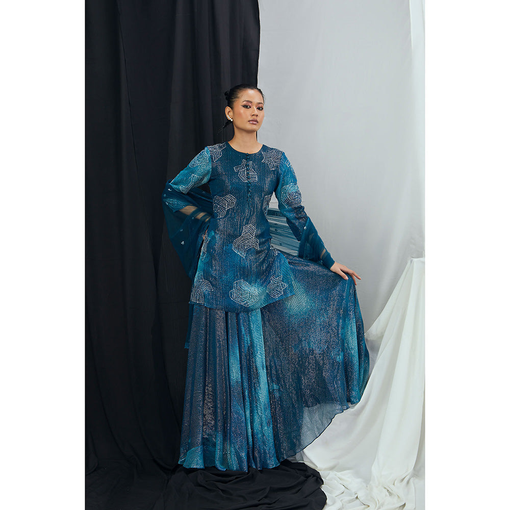 Nirmooha Jade Blue Printed and Hand Embroidered Kurti with Sharara and Dupatta (Set of 3)