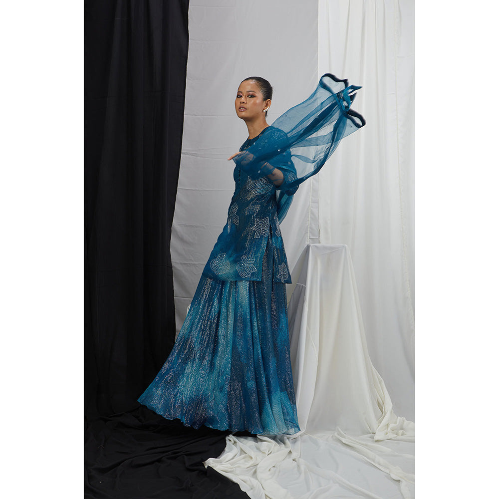 Nirmooha Jade Blue Printed and Hand Embroidered Kurti with Sharara and Dupatta (Set of 3)