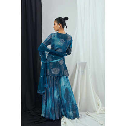 Nirmooha Jade Blue Printed and Hand Embroidered Kurti with Sharara and Dupatta (Set of 3)