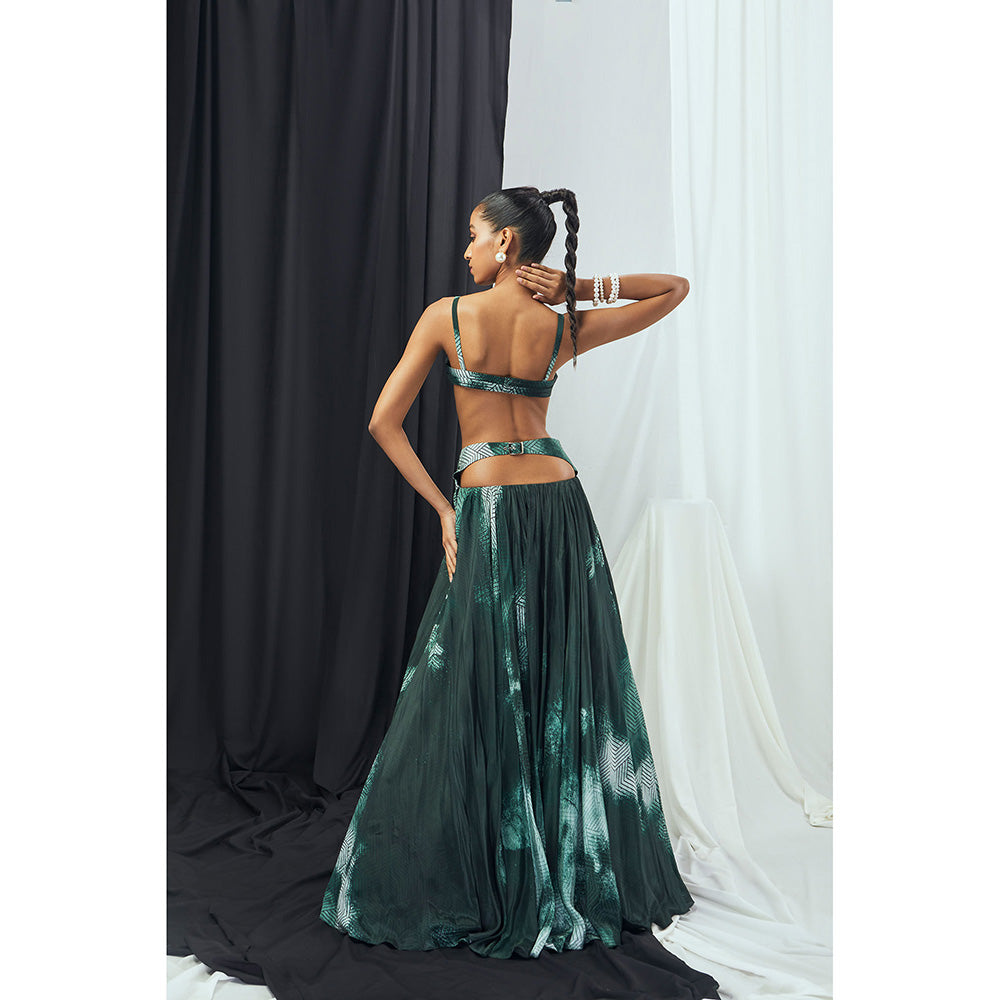 Nirmooha Emerald Printed Pleated Bralette and Skirt with Back Cutout Detailing (Set of 2)