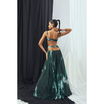 Nirmooha Emerald Printed Pleated Bralette and Skirt with Back Cutout Detailing (Set of 2)