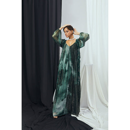Nirmooha Emerald Blotch Printed and Hand Embroidered Draped Kaftan Dress