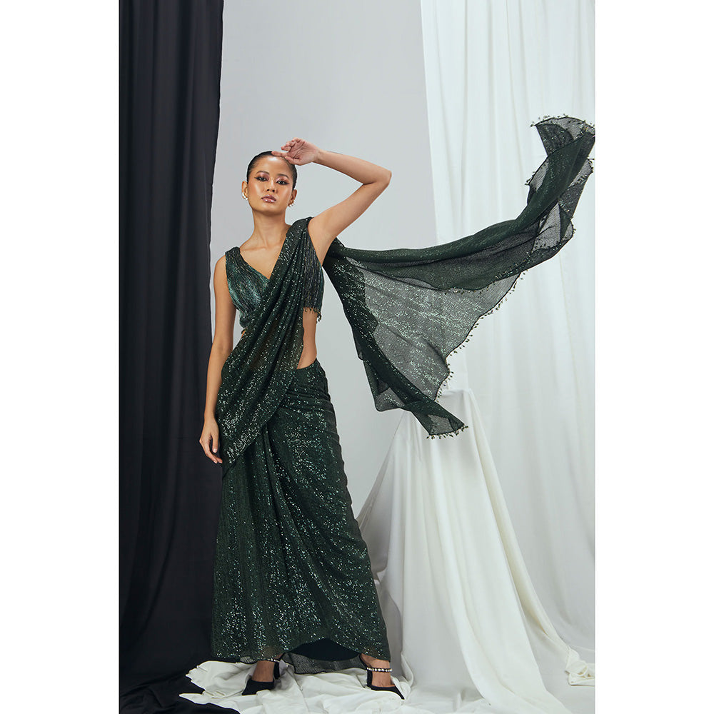 Nirmooha Pre-Draped Emerald Sequin Saree with Ruched Stitched Blouse