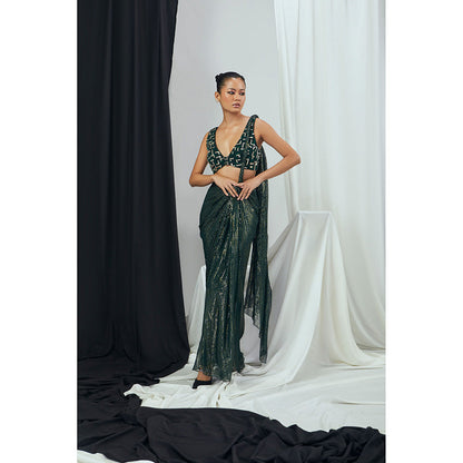 Nirmooha Pre-Draped Saree and Embroidered Stitched Blouse with Buckle Detailing
