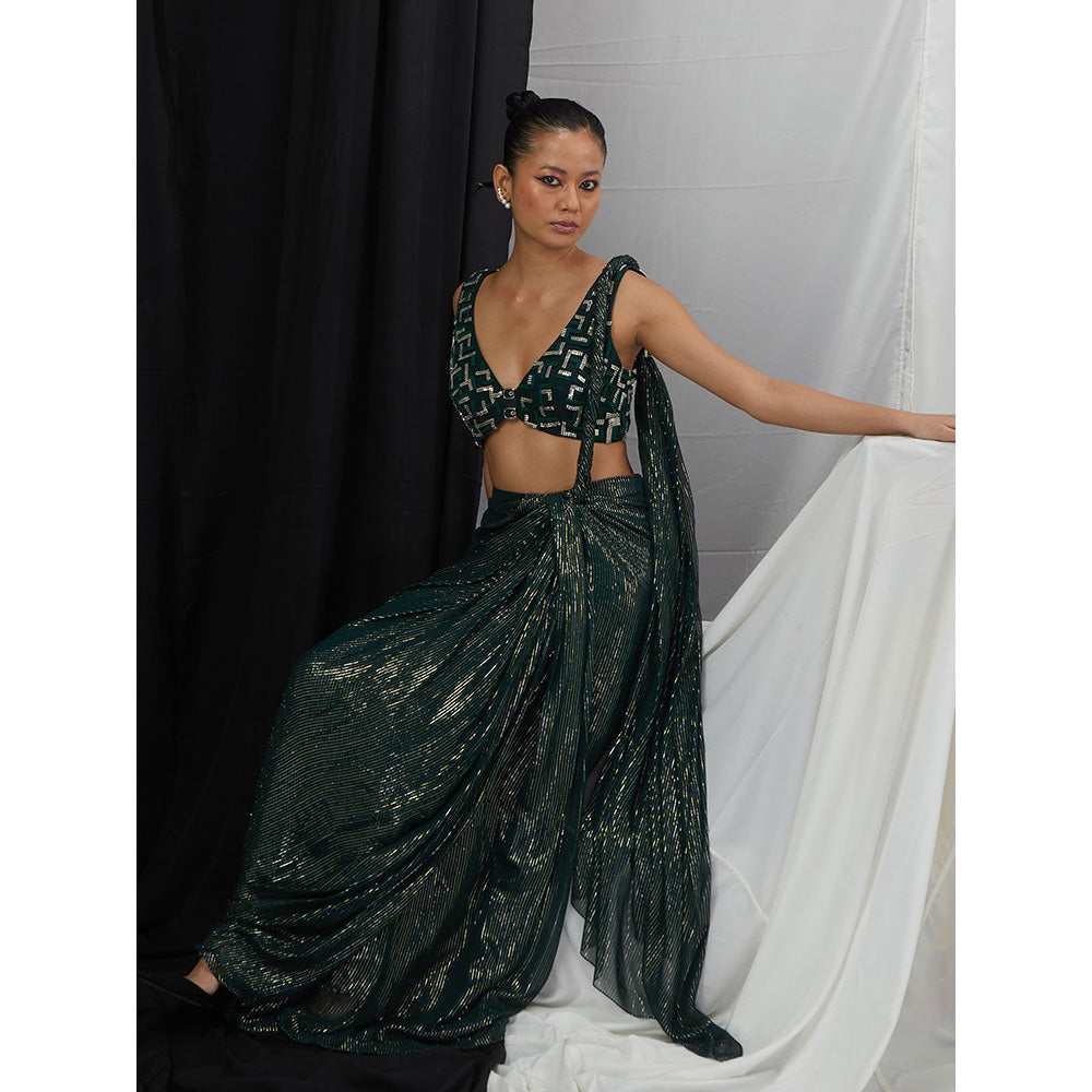 Nirmooha Pre-Draped Saree and Embroidered Stitched Blouse with Buckle Detailing