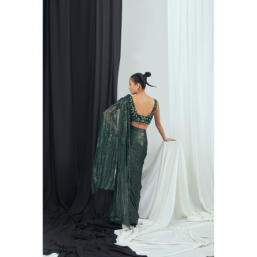 Nirmooha Pre-Draped Saree and Embroidered Stitched Blouse with Buckle Detailing
