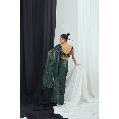 Nirmooha Pre-Draped Saree and Embroidered Stitched Blouse with Buckle Detailing