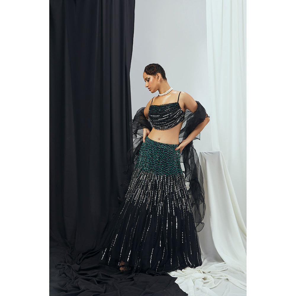 Nirmooha Carbon Hand Embroidered Draped Bralette with Lehenga and Dupatta (Set of 3)