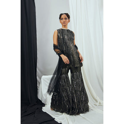 Nirmooha Carbon Hand Embroidered Lurex Kurti with Sharara and Dupatta (Set of 3)