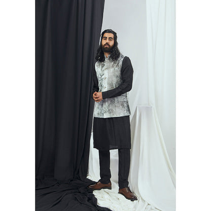 Nirmooha Carbon Nokia Silk Kurta with Pant and Forest Printed Velvet Bandi (Set of 3)