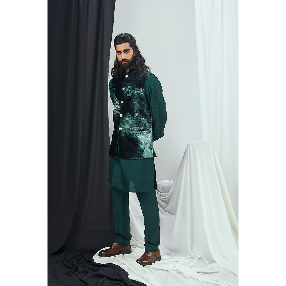 Nirmooha Emerald Nokia Silk Kurta with Pant and Blotch Printed Velvet Bandi (Set of 3)