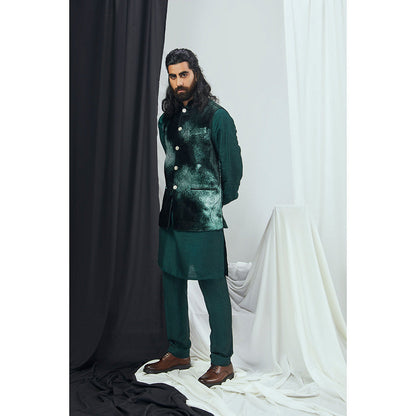 Nirmooha Emerald Nokia Silk Kurta with Pant and Blotch Printed Velvet Bandi (Set of 3)