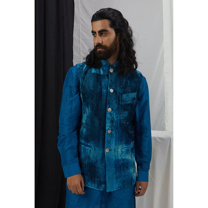 Nirmooha Jade Blue Nokia Silk Kurta with Pant and Blotch Printed Velvet Bandi (Set of 3)