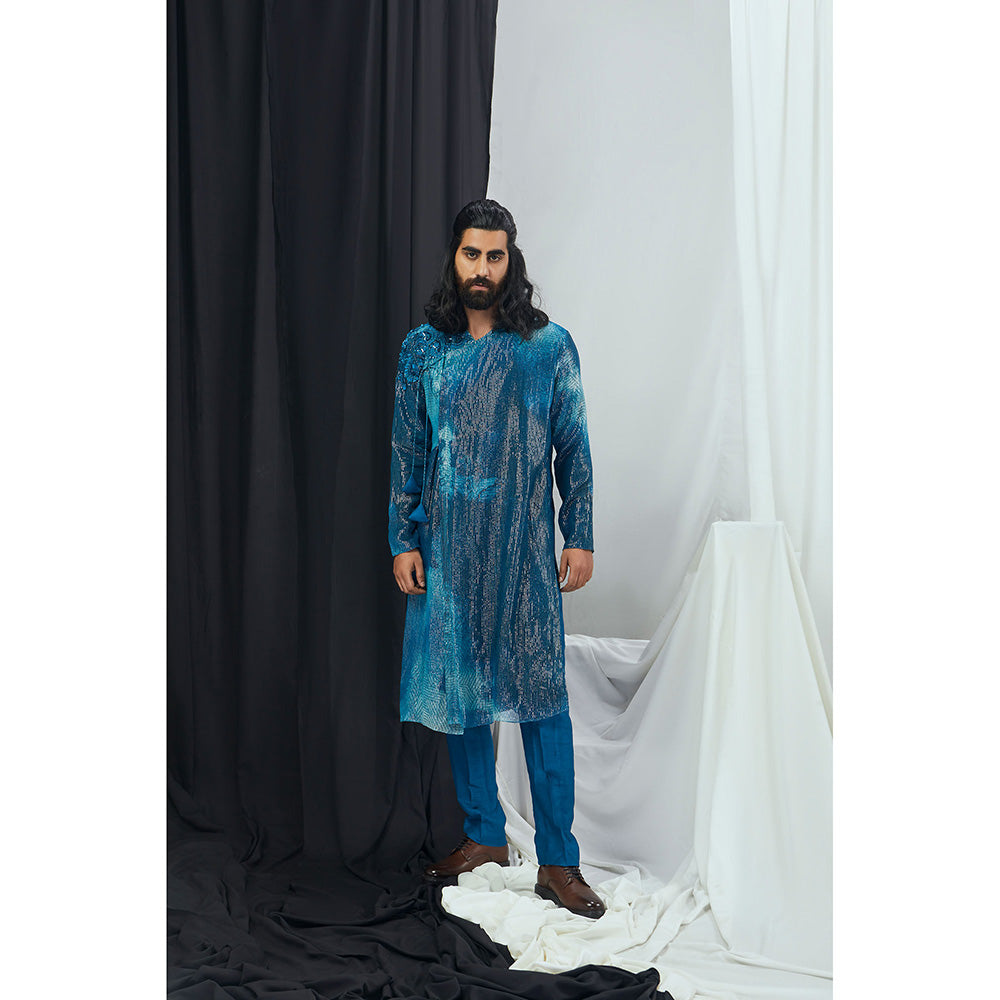 Nirmooha Jade Blue Blotch Printed and Hand Embroidered Angrakha Kurta with Pant (Set of 2)