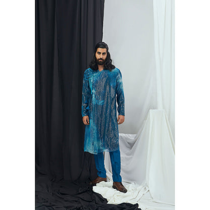 Nirmooha Jade Blue Blotch Printed and Hand Embroidered Angrakha Kurta with Pant (Set of 2)