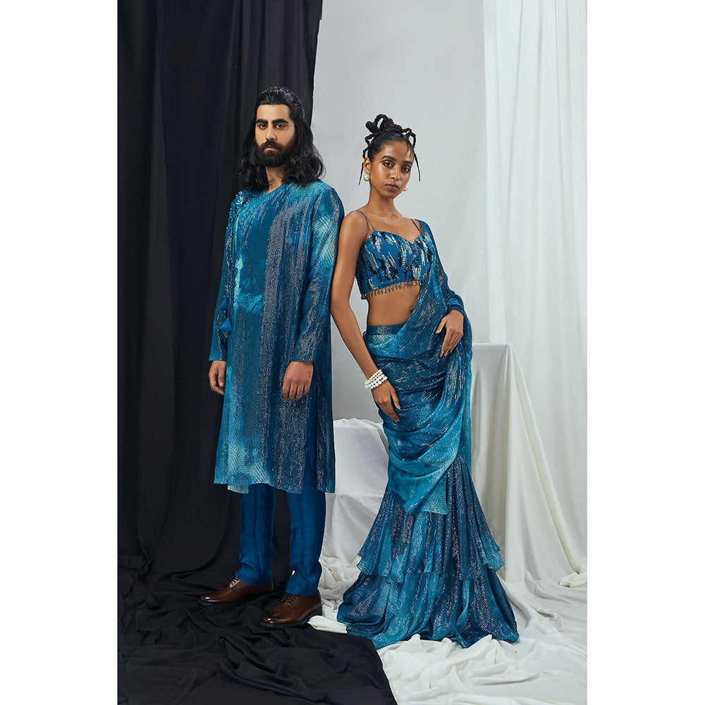 Nirmooha Jade Blue Blotch Printed and Hand Embroidered Angrakha Kurta with Pant (Set of 2)