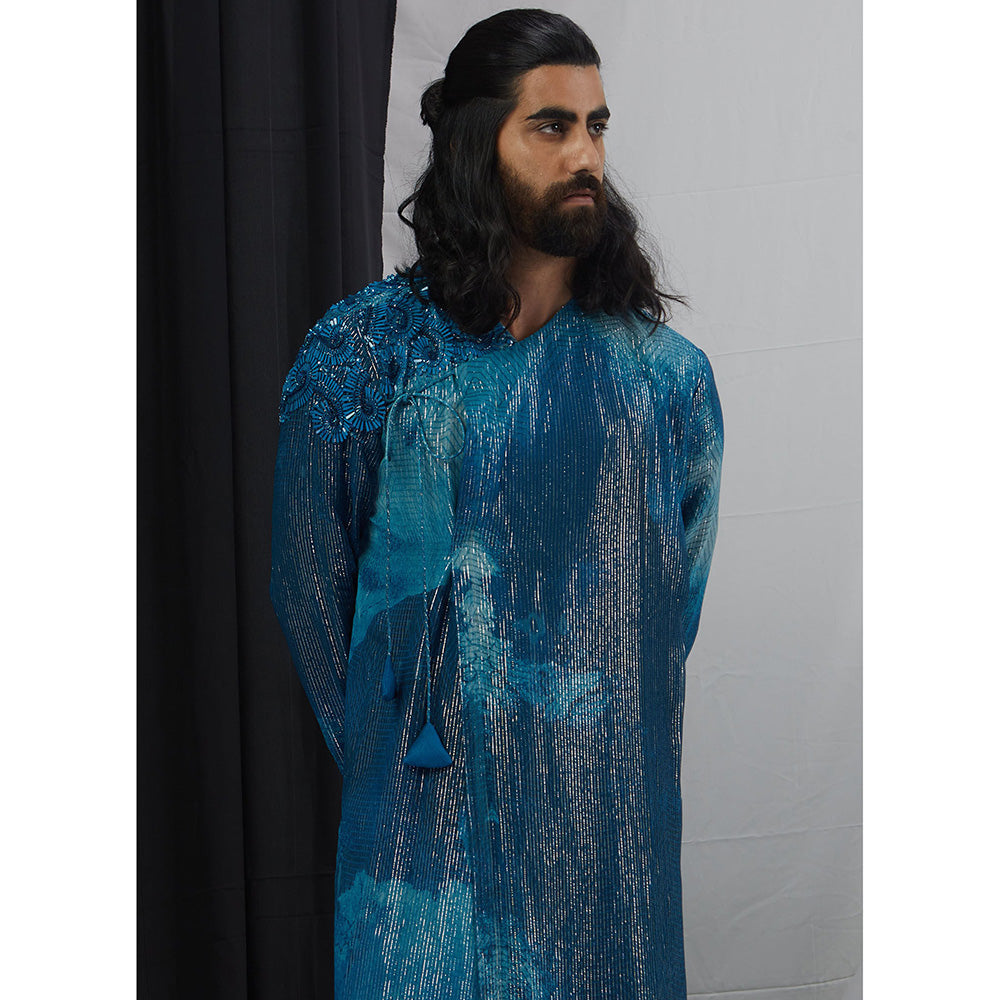 Nirmooha Jade Blue Blotch Printed and Hand Embroidered Angrakha Kurta with Pant (Set of 2)