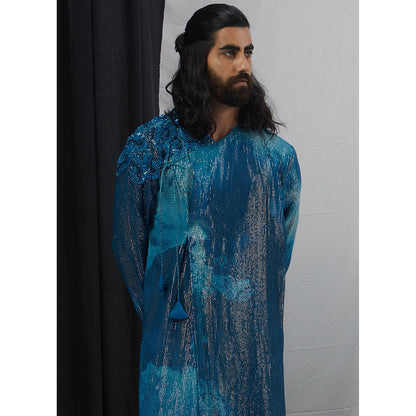 Nirmooha Jade Blue Blotch Printed and Hand Embroidered Angrakha Kurta with Pant (Set of 2)