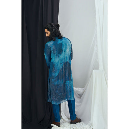 Nirmooha Jade Blue Blotch Printed and Hand Embroidered Angrakha Kurta with Pant (Set of 2)