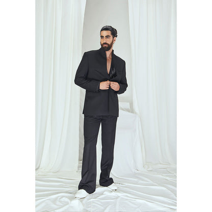 Nirmooha Carbon Close-Neck Blazer with Satin Detailing