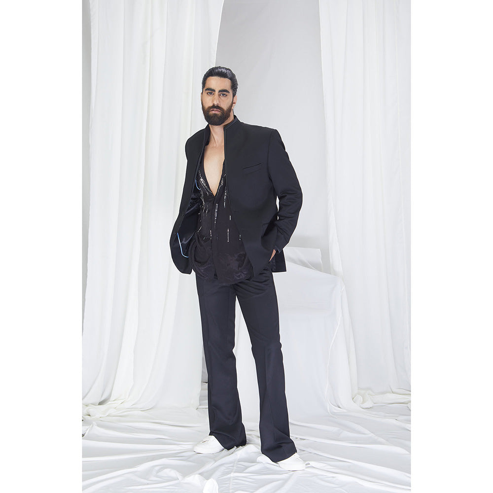 Nirmooha Carbon Close-Neck Blazer with Satin Detailing