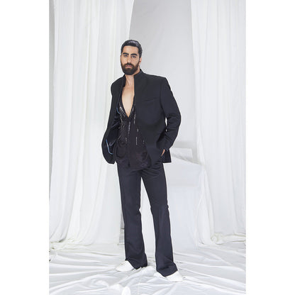 Nirmooha Carbon Close-Neck Blazer with Satin Detailing