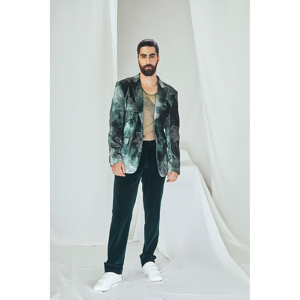 Nirmooha Emerald Blotched Printed Velvet Blazer with Hand Embroidery