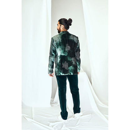 Nirmooha Emerald Blotched Printed Velvet Blazer with Hand Embroidery