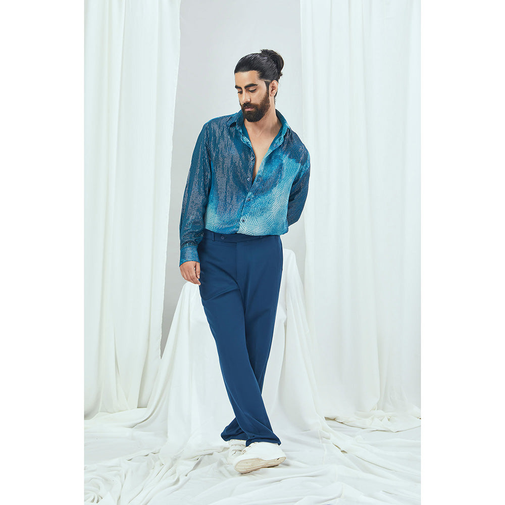 Nirmooha Jade Blue Lurex Blotch Printed Shirt with Lining