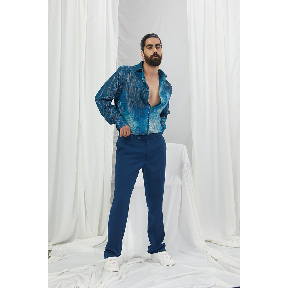 Nirmooha Jade Blue Lurex Blotch Printed Shirt with Lining