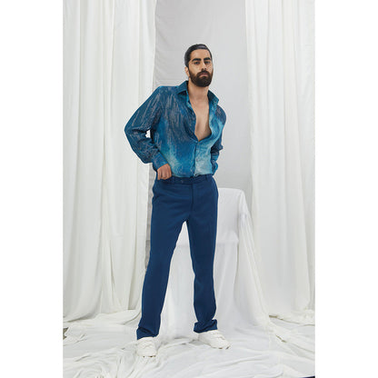 Nirmooha Jade Blue Lurex Blotch Printed Shirt with Lining