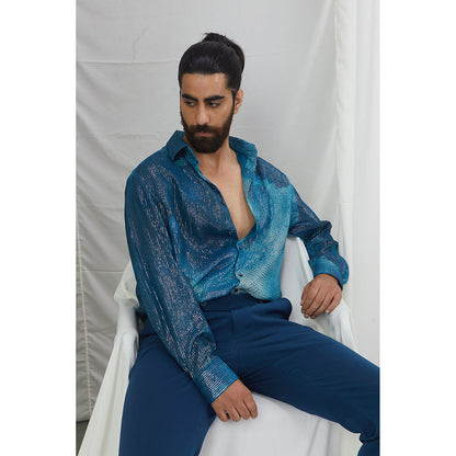 Nirmooha Jade Blue Lurex Blotch Printed Shirt with Lining