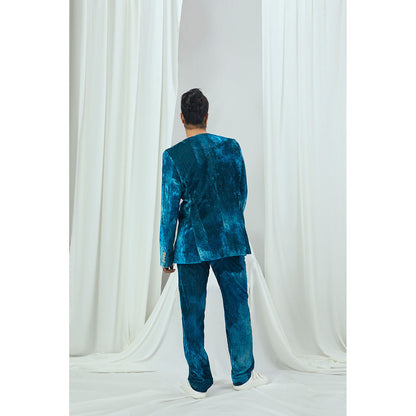 Nirmooha Jade Blue Blotched Print Velvet Blazer with Detailing
