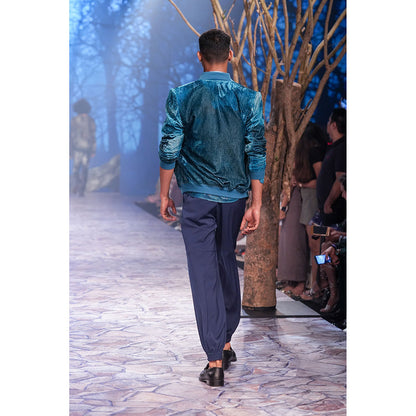 Nirmooha Jade Blue Printed Velvet Bomber Jacket